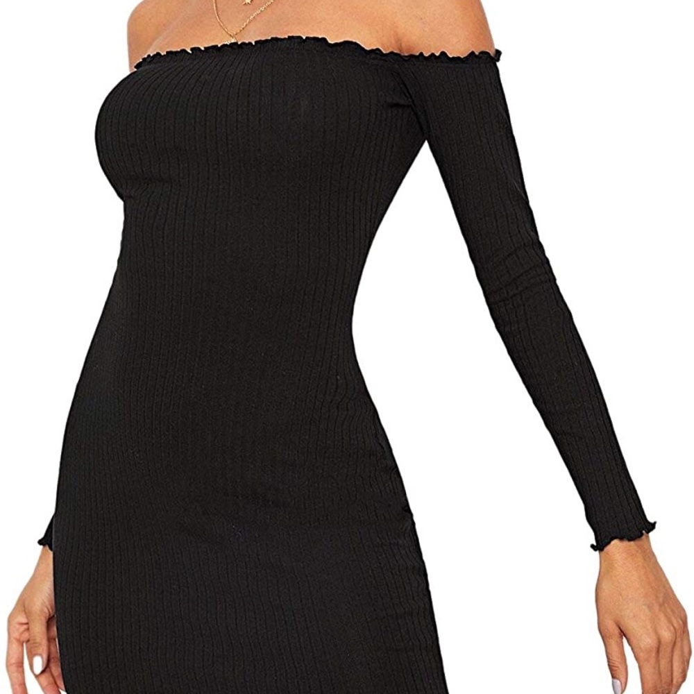 Miss Pap Black Ribbed Long Sleeve Lettuce Hem Off the shoulder Dress